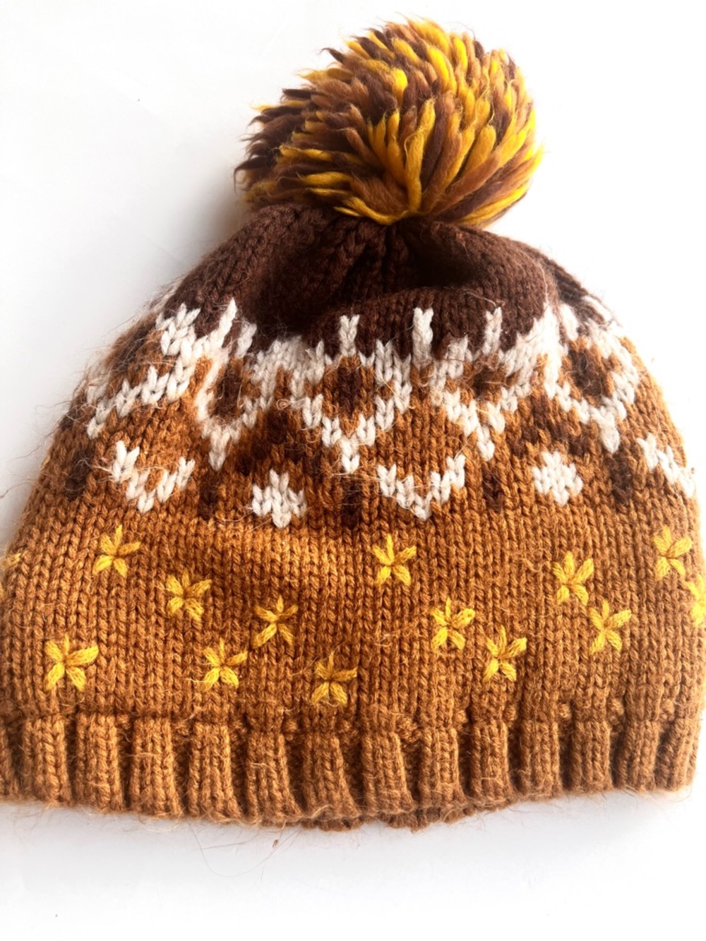 Zara Kids Knit Pom Beanie - Brown, Mustard & White